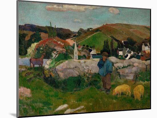 Peasants, Pigs, and a Village Under a Clear Sky, Landscape in Brittany, France, 1888-Paul Gauguin-Mounted Giclee Print