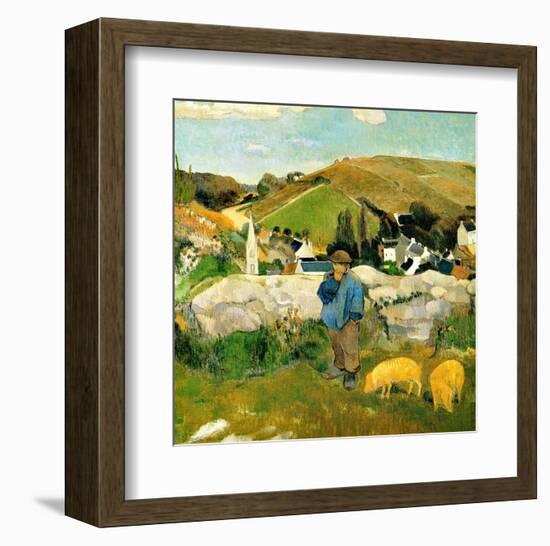 Peasants, Pigs and a Village under the Clear Sky in Brittany, France-Paul Gauguin-Framed Giclee Print