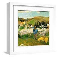 Peasants, Pigs and a Village under the Clear Sky in Brittany, France-Paul Gauguin-Framed Giclee Print