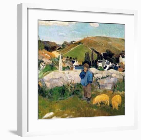 Peasants, Pigs and a Village under the Clear Sky in Brittany, France-Paul Gauguin-Framed Giclee Print