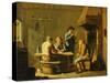 Peasants Playing Cards by a Cottage Fire-Justus Juncker-Stretched Canvas