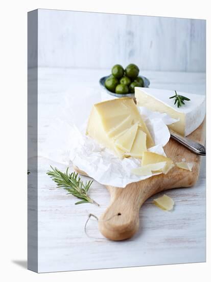 Pecorino and Brie Cheese on a Kitchen Board-Barbara Dudzinska-Stretched Canvas