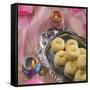 'Peda' an Indian Sweet Made from Condensed Milk. Arranged along with Traditional Lights.-satel-Framed Stretched Canvas