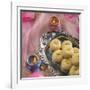 'Peda' an Indian Sweet Made from Condensed Milk. Arranged along with Traditional Lights.-satel-Framed Photographic Print