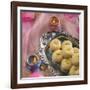 'Peda' an Indian Sweet Made from Condensed Milk. Arranged along with Traditional Lights.-satel-Framed Photographic Print