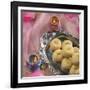 'Peda' an Indian Sweet Made from Condensed Milk. Arranged along with Traditional Lights.-satel-Framed Photographic Print