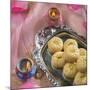 'Peda' an Indian Sweet Made from Condensed Milk. Arranged along with Traditional Lights.-satel-Mounted Photographic Print