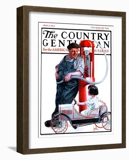 "Pedal Car at Gas Pump," Country Gentleman Cover, June 9, 1923-F. Lowenheim-Framed Giclee Print