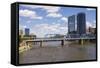 Pedestrian bridge and downtown skyline, Grand Rapids, Michigan, USA-Randa Bishop-Framed Stretched Canvas