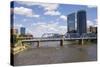Pedestrian bridge and downtown skyline, Grand Rapids, Michigan, USA-Randa Bishop-Stretched Canvas