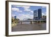 Pedestrian bridge and downtown skyline, Grand Rapids, Michigan, USA-Randa Bishop-Framed Photographic Print