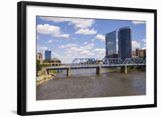 Pedestrian bridge and downtown skyline, Grand Rapids, Michigan, USA-Randa Bishop-Framed Photographic Print