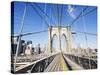 Pedestrian Walkway on the Brooklyn Bridge Looking Towards Manhattan, New York City, New York, USA-Amanda Hall-Stretched Canvas