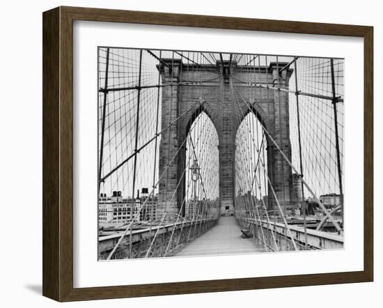 Pedestrian Walkway on the Brooklyn Bridge-Bettmann-Framed Premium Photographic Print
