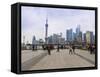 Pedestrians and Tourists on the Bund, the Futuristic Skyline of Pudong across the Huangpu River Bey-Amanda Hall-Framed Stretched Canvas
