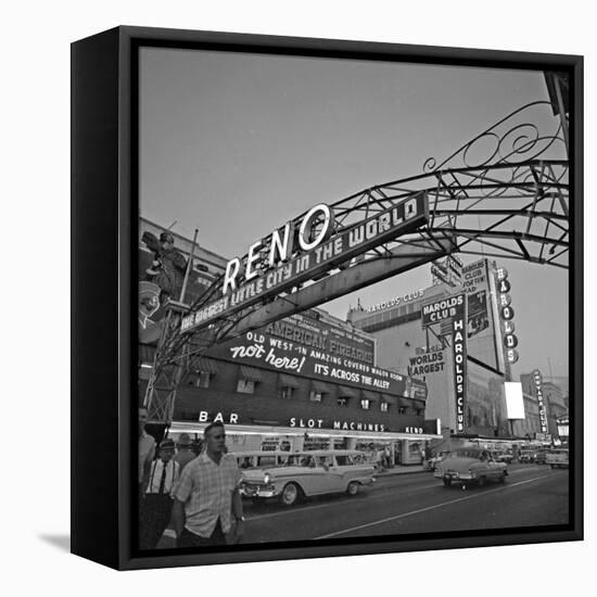 Pedestrians Cross Virginia Street as the Arch That Proclaims Reno: the Biggest Little City-null-Framed Stretched Canvas