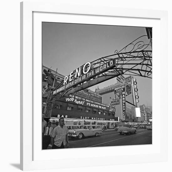 Pedestrians Cross Virginia Street as the Arch That Proclaims Reno: the Biggest Little City-null-Framed Photographic Print