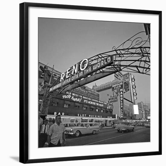 Pedestrians Cross Virginia Street as the Arch That Proclaims Reno: the Biggest Little City-null-Framed Photographic Print