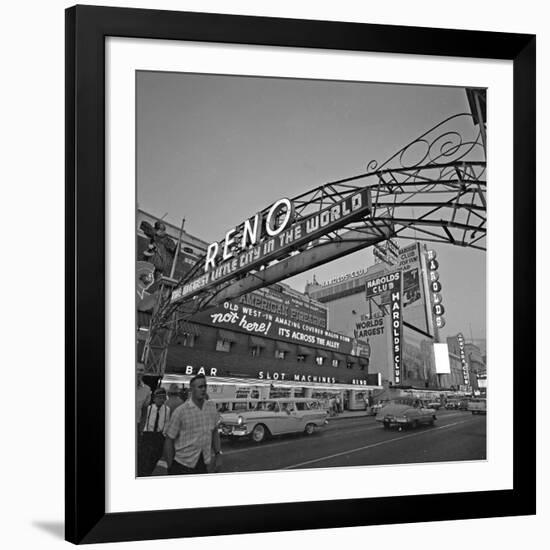 Pedestrians Cross Virginia Street as the Arch That Proclaims Reno: the Biggest Little City-null-Framed Photographic Print