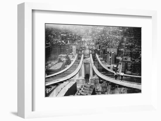 Pedestrians on Footbridge During Construction of Manhattan Bridge-null-Framed Photographic Print