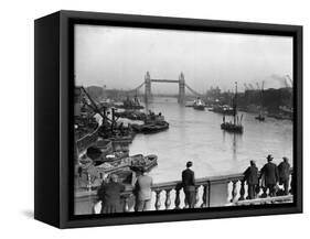 Pedestrians on London Bridge Watch Boats and Barges Being Unloaded-null-Framed Stretched Canvas