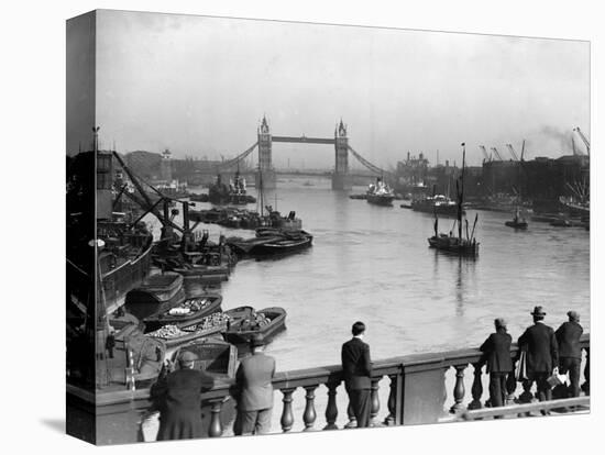 Pedestrians on London Bridge Watch Boats and Barges Being Unloaded-null-Stretched Canvas