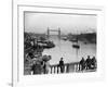 Pedestrians on London Bridge Watch Boats and Barges Being Unloaded-null-Framed Photographic Print