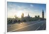 Pedestrians on Westminster Bridge with Houses of Parliament and Big Ben at sunset, London, England,-Fraser Hall-Framed Premium Photographic Print