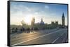 Pedestrians on Westminster Bridge with Houses of Parliament and Big Ben at sunset, London, England,-Fraser Hall-Framed Stretched Canvas