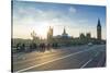 Pedestrians on Westminster Bridge with Houses of Parliament and Big Ben at sunset, London, England,-Fraser Hall-Stretched Canvas