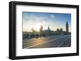 Pedestrians on Westminster Bridge with Houses of Parliament and Big Ben at sunset, London, England,-Fraser Hall-Framed Photographic Print
