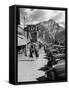 Pedestrians Walking Along Main Street in Resort Town with Cascade Mountain in the Background-Andreas Feininger-Framed Stretched Canvas