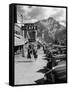 Pedestrians Walking Along Main Street in Resort Town with Cascade Mountain in the Background-Andreas Feininger-Framed Stretched Canvas