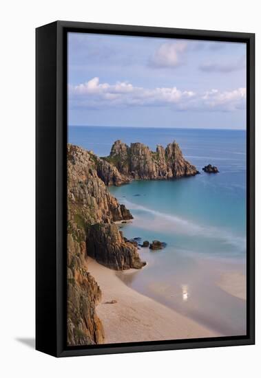 Pednvounder Beach and Logan Rock from the Clifftops Near Treen, Porthcurno, Cornwall-Adam Burton-Framed Stretched Canvas