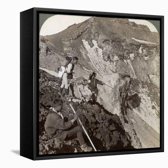 Peering from the Lava Encrusted Rim Down into Mount Fuji's (Fujiyama) Crater, Japan, 1904-Underwood & Underwood-Framed Stretched Canvas