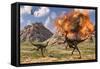 Pelecanimimus Dinosaurs Fleeing from a Volcanic Eruption-null-Framed Stretched Canvas