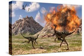 Pelecanimimus Dinosaurs Fleeing from a Volcanic Eruption-null-Stretched Canvas