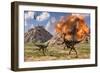 Pelecanimimus Dinosaurs Fleeing from a Volcanic Eruption-null-Framed Art Print