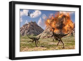 Pelecanimimus Dinosaurs Fleeing from a Volcanic Eruption-null-Framed Art Print