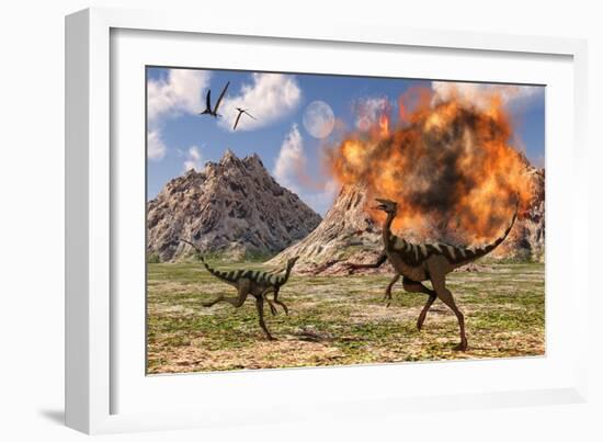 Pelecanimimus Dinosaurs Fleeing from a Volcanic Eruption-null-Framed Art Print