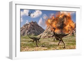 Pelecanimimus Dinosaurs Fleeing from a Volcanic Eruption-null-Framed Art Print