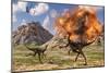 Pelecanimimus Dinosaurs Fleeing from a Volcanic Eruption-null-Mounted Art Print