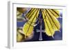 Pendant with cross on a young green chestnut leaf at springtime-null-Framed Giclee Print