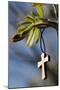 Pendant with cross on a young green chestnut leaf at springtime-null-Mounted Giclee Print