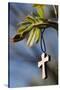 Pendant with cross on a young green chestnut leaf at springtime-null-Stretched Canvas