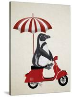 Penguin On Red Moped-Fab Funky-Stretched Canvas