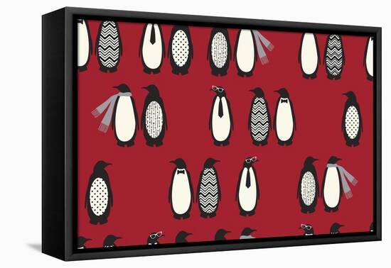 Penguin Parade Red-Joanne Paynter Design-Framed Stretched Canvas