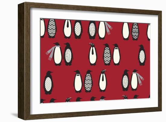 Penguin Parade Red-Joanne Paynter Design-Framed Giclee Print