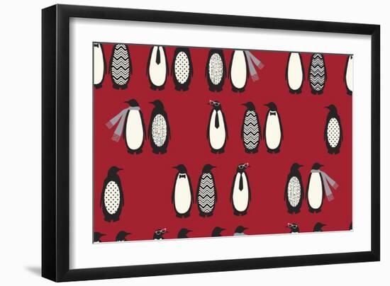 Penguin Parade Red-Joanne Paynter Design-Framed Giclee Print