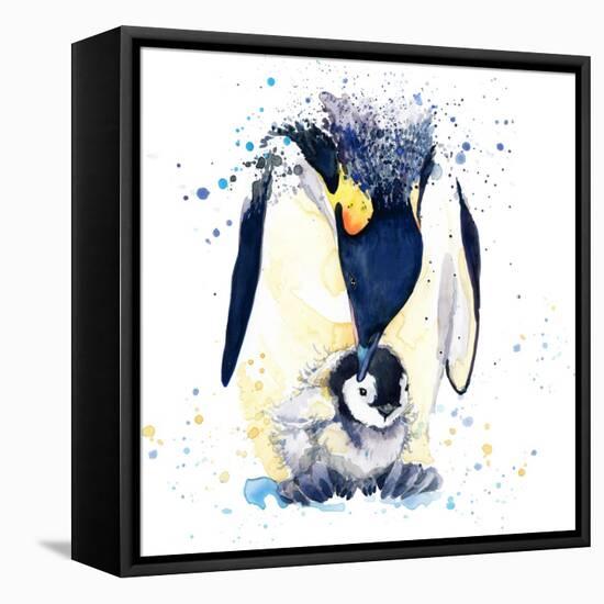 Penguin T-Shirt Graphics. Penguin Illustration with Splash Watercolor Textured Background. Unusual-Faenkova Elena-Framed Stretched Canvas